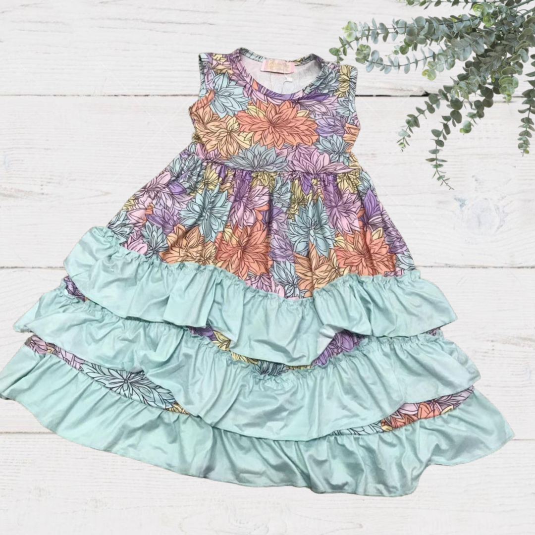 Girls Long Ruffle Dresses - Pastel Rainbow Floral