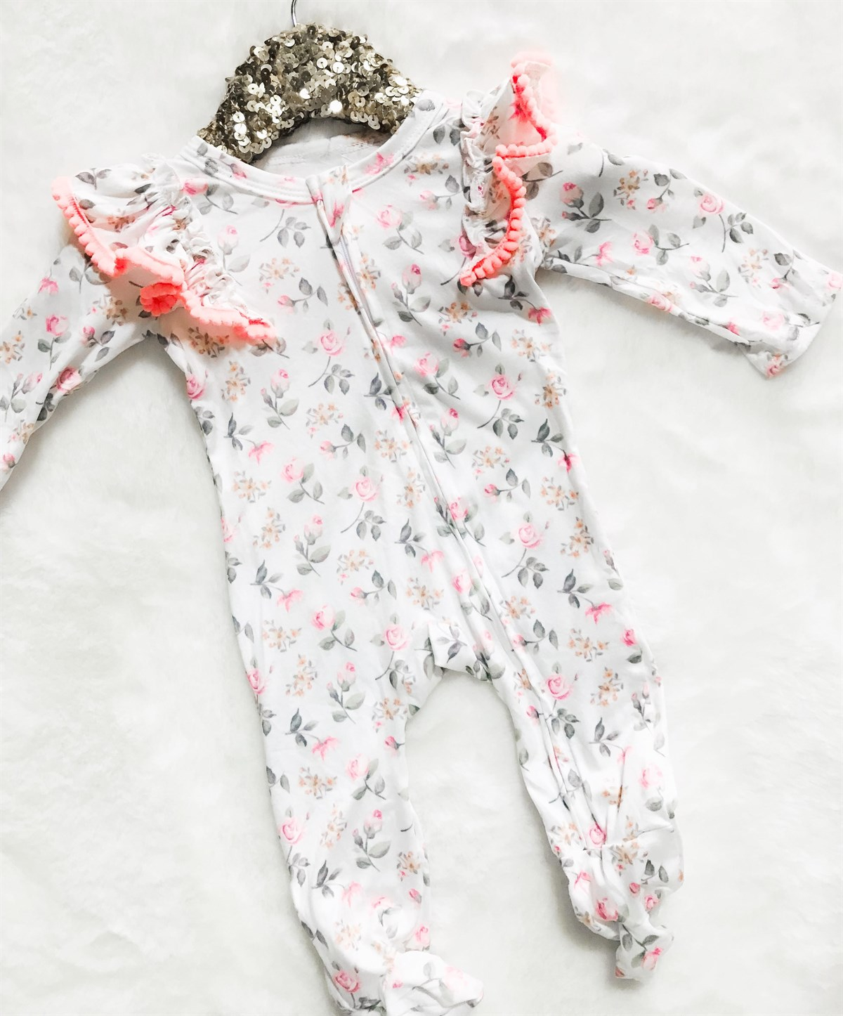 Kryssi Kouture Sienna Tutu Jumpsuit - Peach Floral Pom Rompers