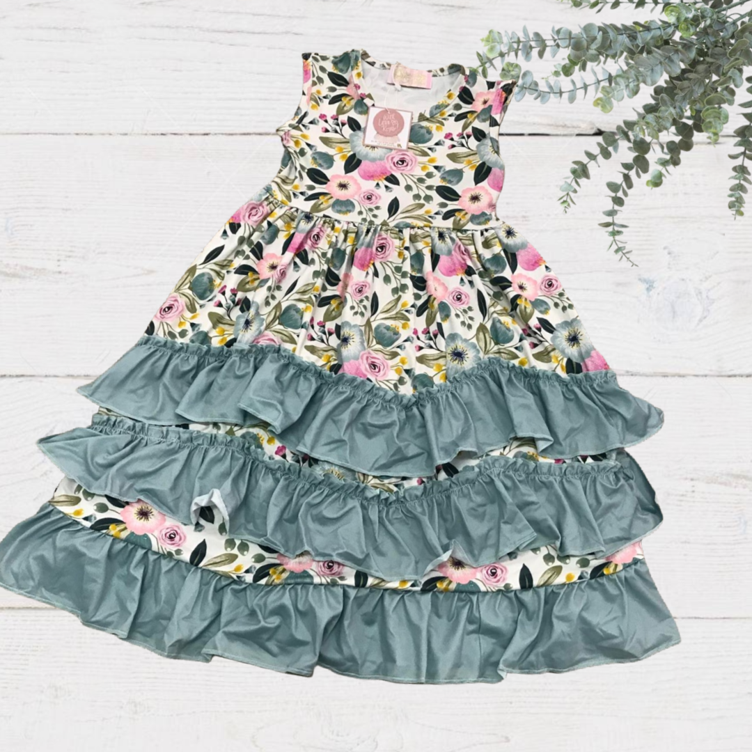 Girls Long Ruffle Dresses - Pink and Turquoise Floral