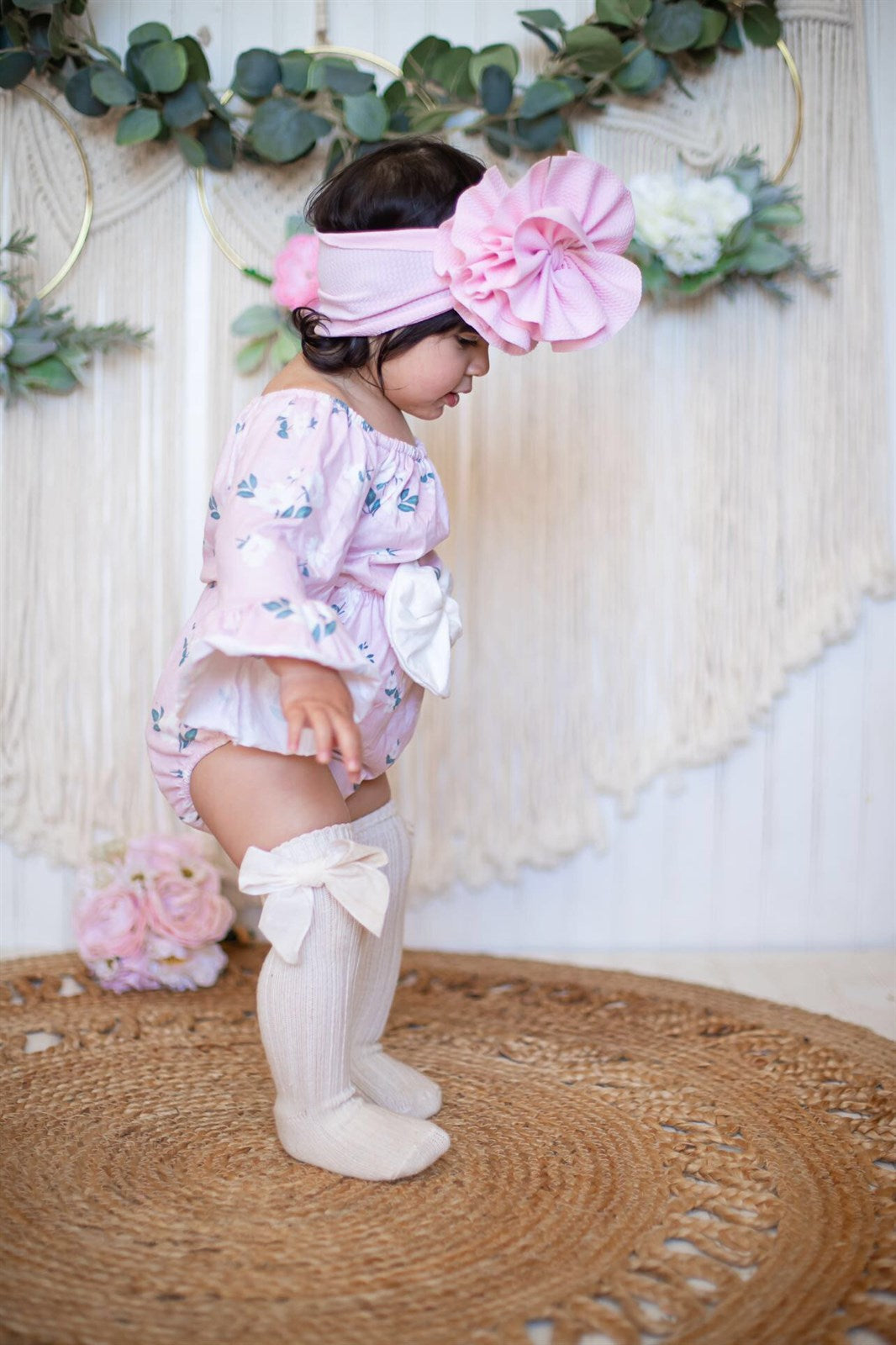 Baby Girls Off-Shoulder Pink Floral Belle Sleeves with White Bow Romper