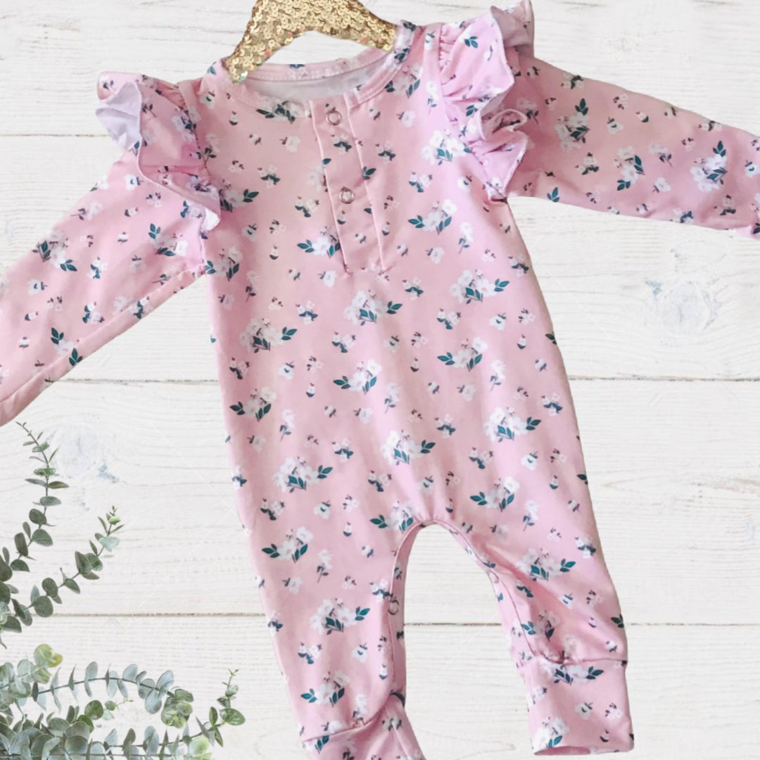 Baby Girls Pink Floral Deluxe Romper - snaps on chest, ruffle shoulder sleeves, long sleeve