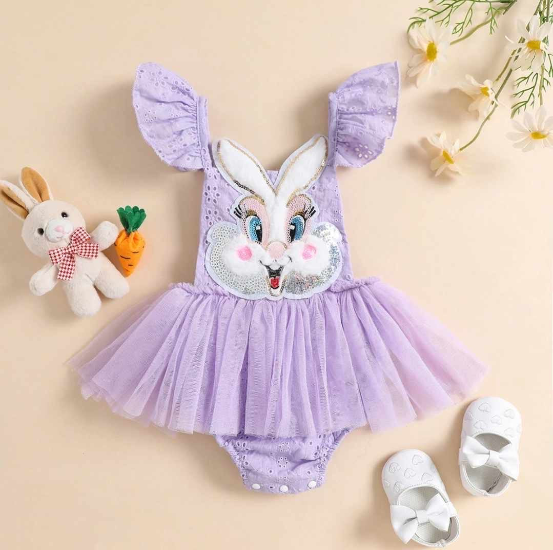 Baby Easter Purple Rabbit Tutu Skirted Romper