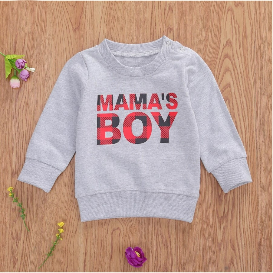 Kids Red Plaid Mama's Boy Sweatshirt in Grey