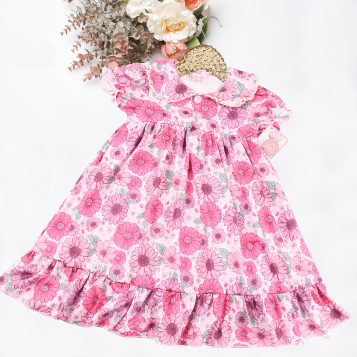 Girls Vintage Night Gowns - Retro Pink Daisies - Short Sleeve