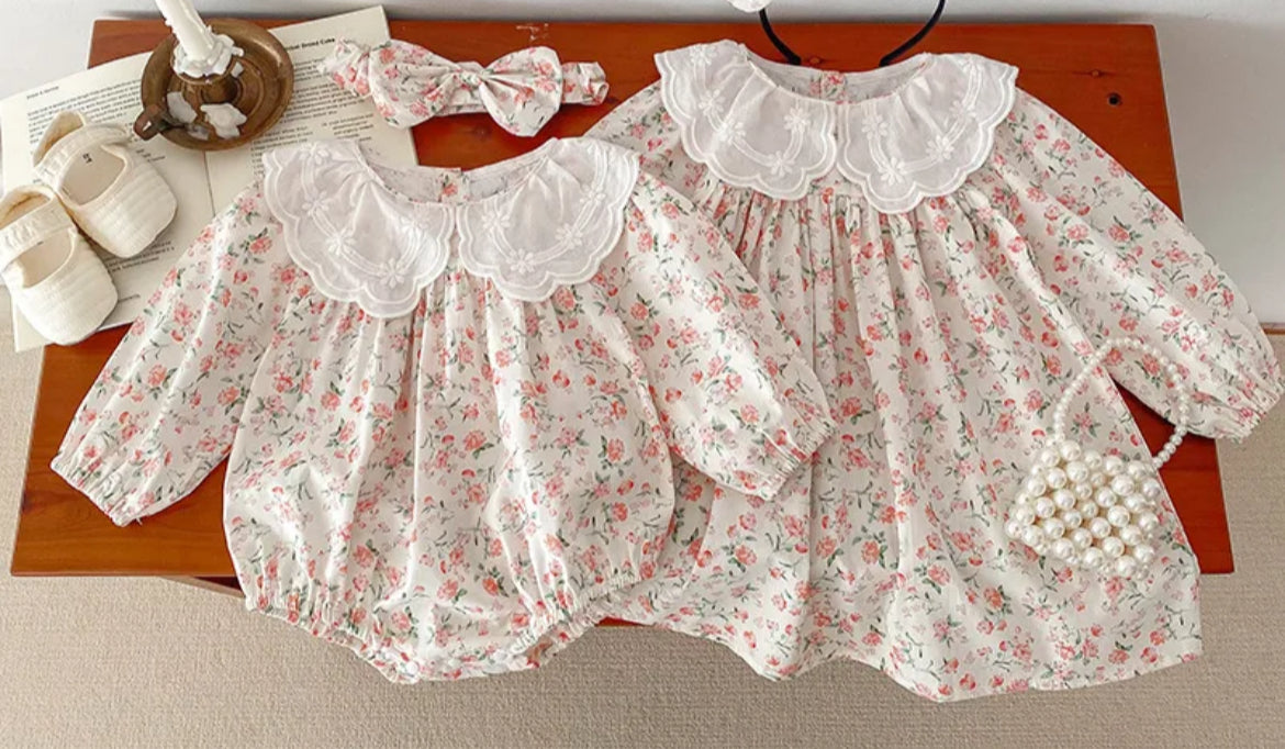 Baby & Toddler Girls Twinning - Coral Vintage Floral Rompers & Dresses - romper on left, dress on right