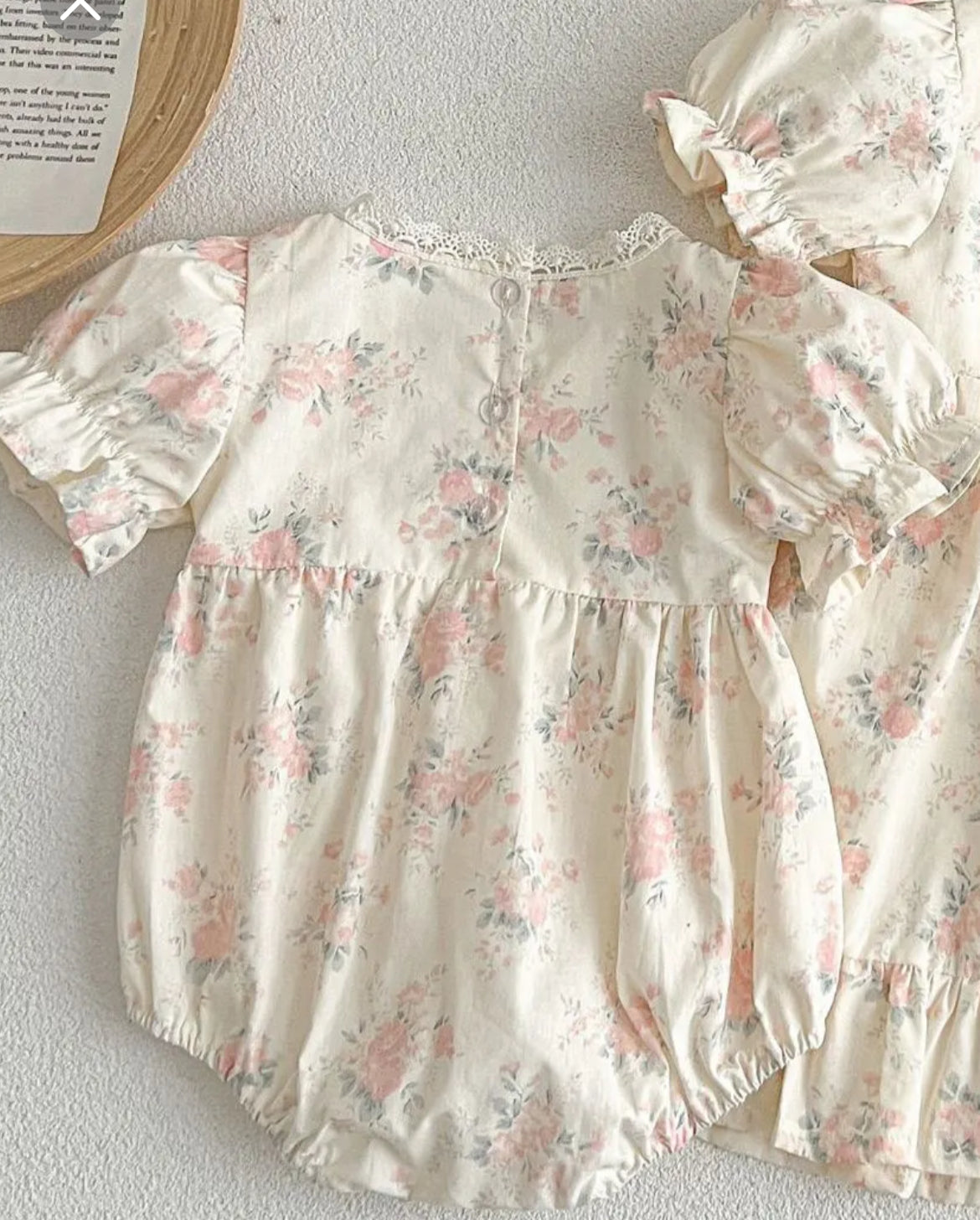 Baby Girls Romper - Light Pink Rose Vintage Floral - cap sleeves, with buttons on back, and scoop neck on front