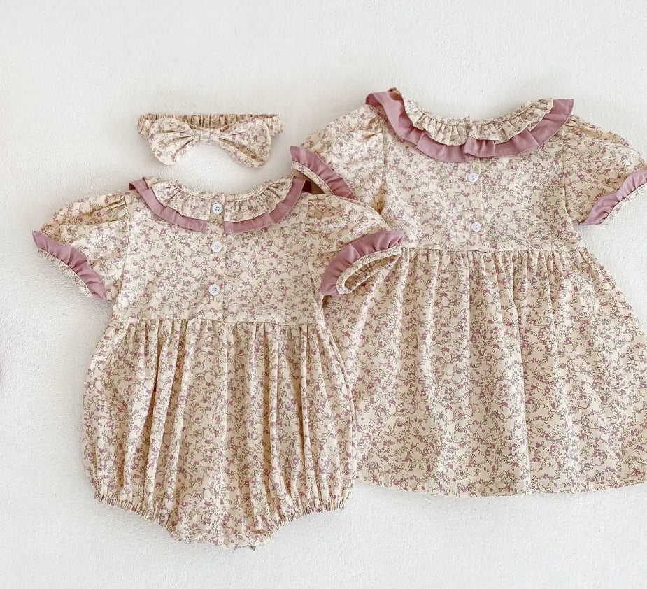Baby & Toddler Girls Twinning - Mauve Vintage Floral Rompers & Dresses - back of romper & dresses - showing buttons leading mid back to neck