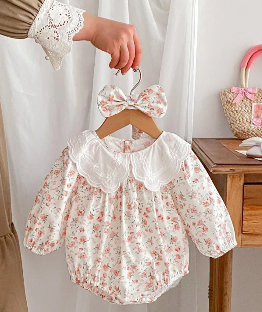 Baby & Toddler Girls Twinning - Coral Vintage Floral Rompers & Dresses - romper with white neck collar
