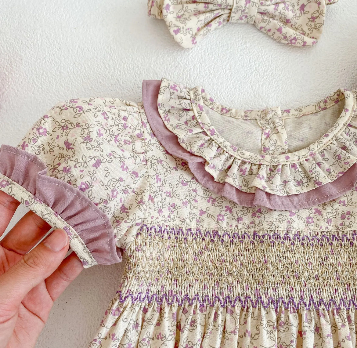Baby & Toddler Girls Twinning - Mauve Vintage Floral Rompers & Dresses - showing cap sleeve ruffles and ruffle necks