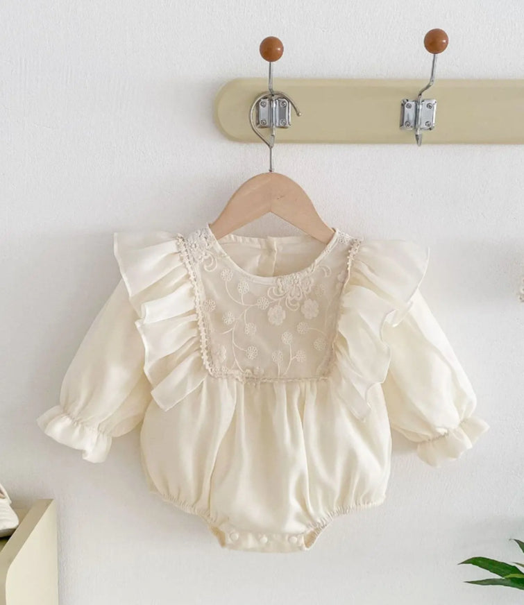 Baby Girls Romper - Ivory Ruffle with Lace Embroidered Bodice - ruffle shoulders, long sleeve