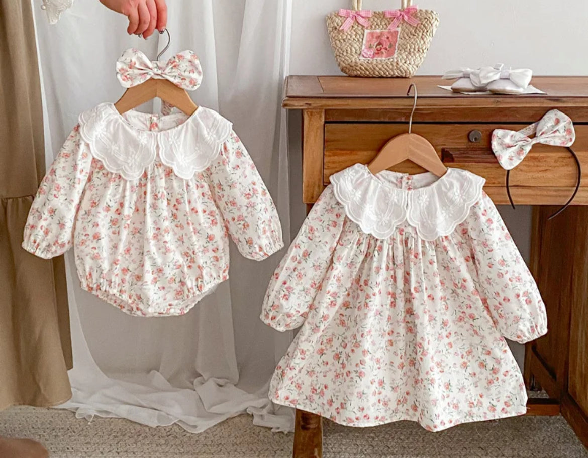 Baby & Toddler Girls Twinning - Coral Vintage Floral Rompers & Dresses - romper on left, dress on right