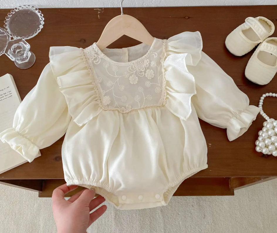 Baby Girls Romper - Ivory Ruffle with Lace Embroidered Bodice