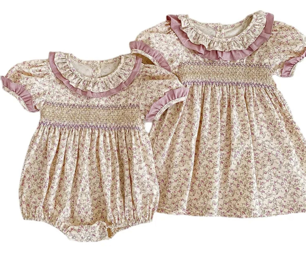 Baby & Toddler Girls Twinning - Mauve Vintage Floral Rompers & Dresses - with white background