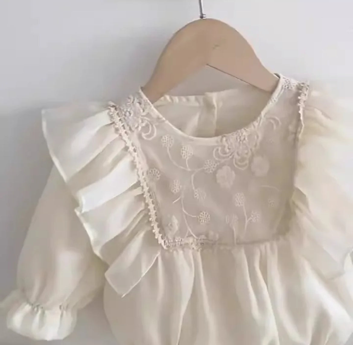 Baby Girls Romper - Ivory Ruffle with Lace Embroidered Bodice