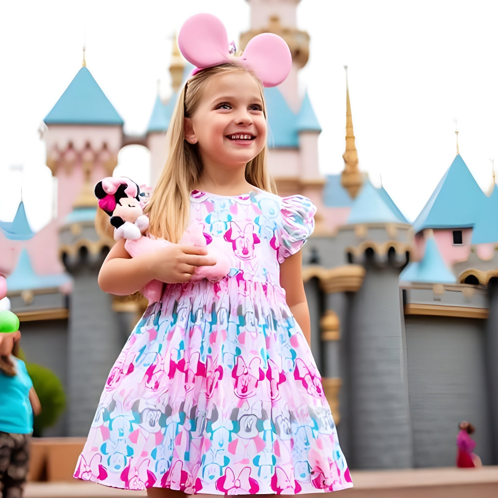 Girls Fun Character Dresses - Pink & Pastel Minnie Heads
