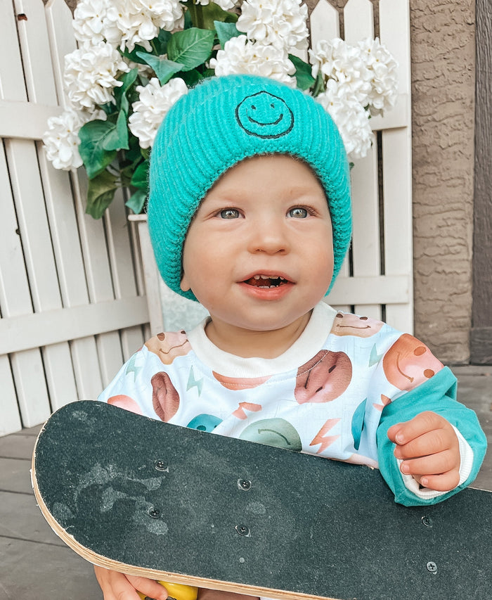 Theo & Me - Green Aqua Smiley Faces Ribbed Knit Hat