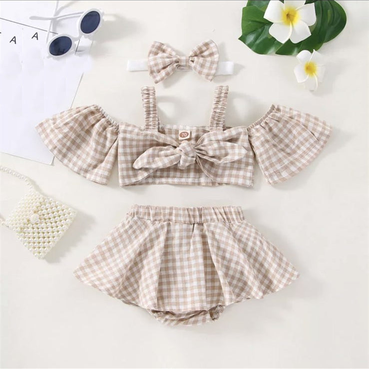 Baby Girls 2-Piece Tan Check Bow with Skirted Bummie