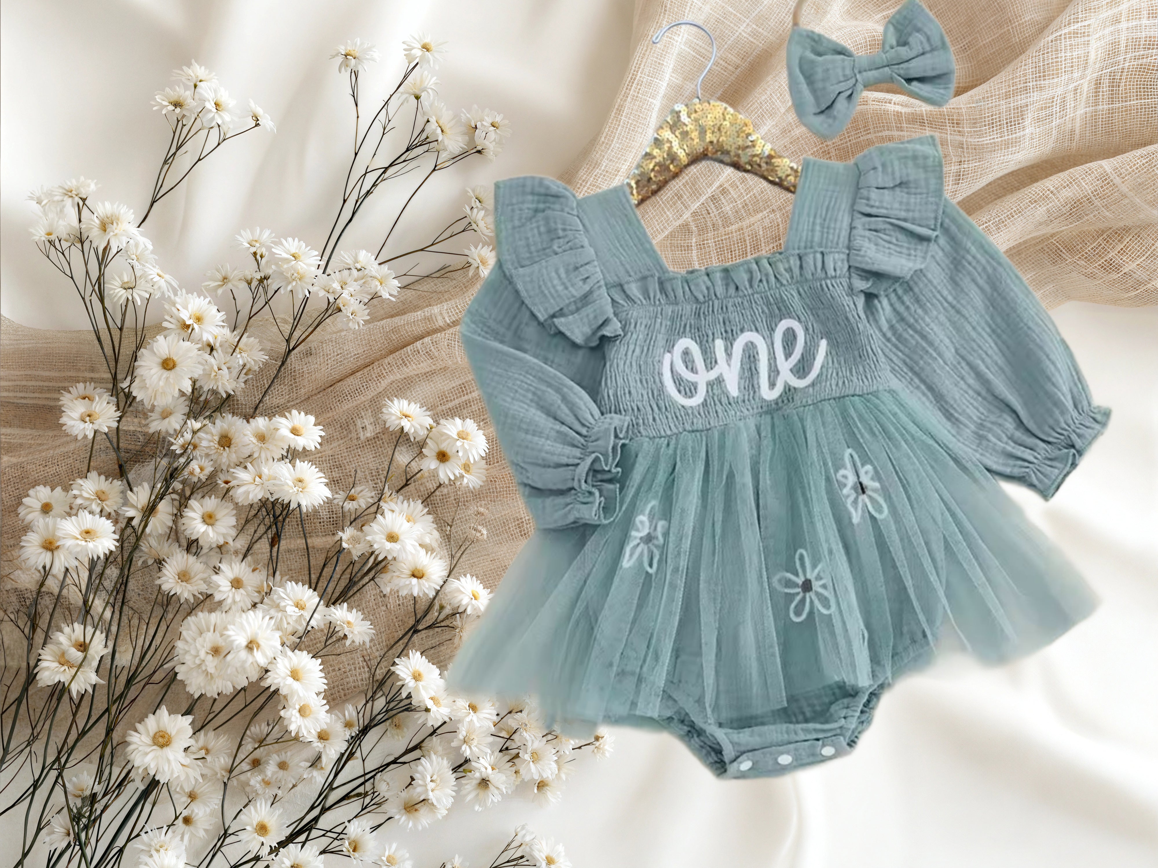 COMING SOON - Baby Teal Long Sleeve Smocked “One” Birthday Romper Dress