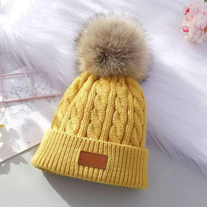 Kids Mustard Cable Single Pom Faux Fur Pom Hat