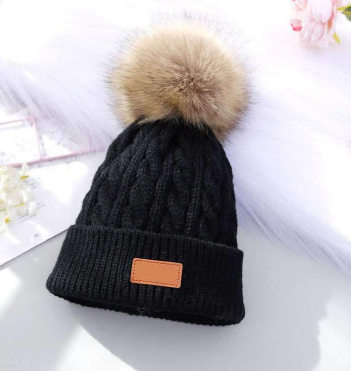 Kids Black Cable Single Pom Faux Fur Pom Hat - 13
