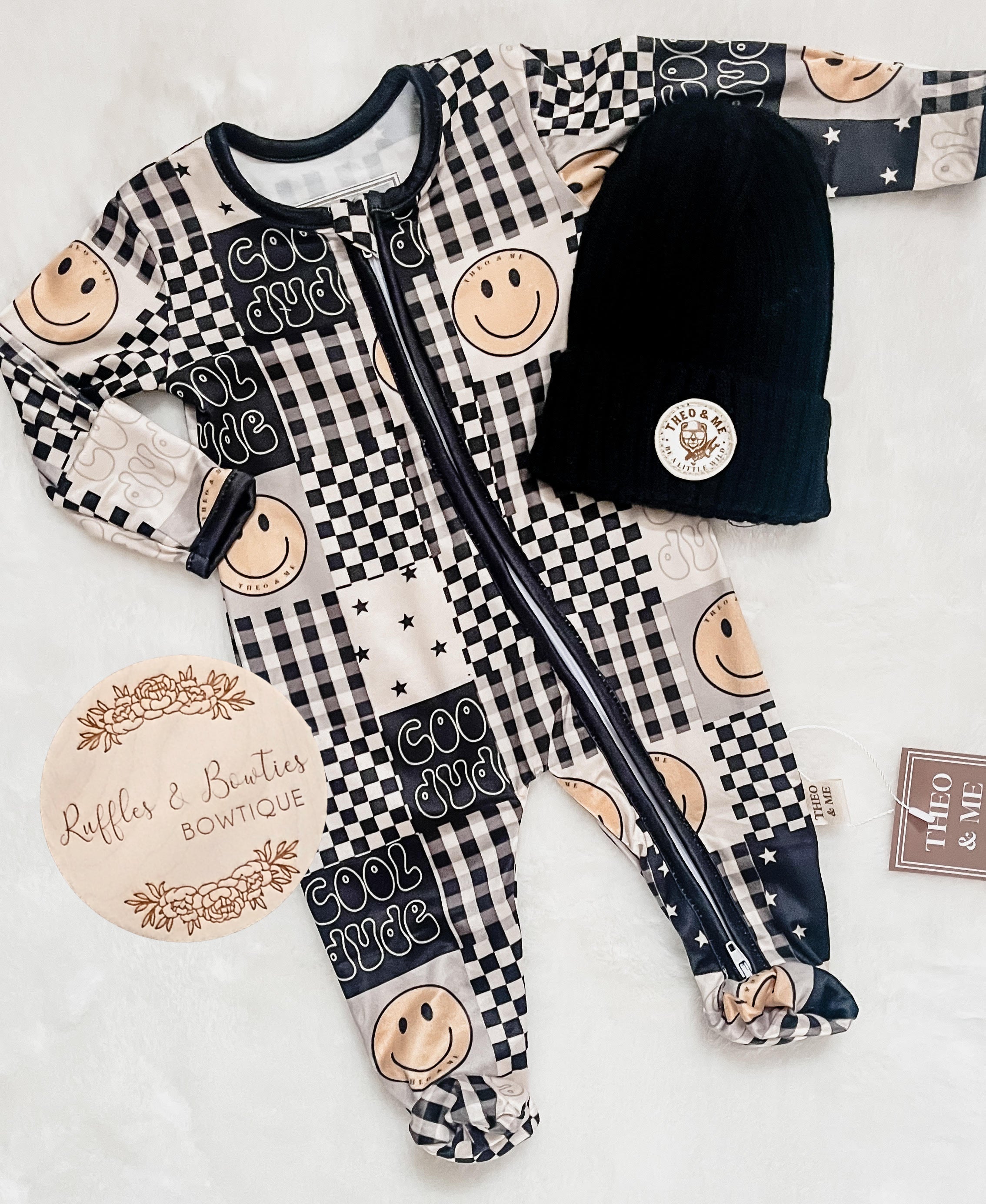 Boys Soft Sleepers With Double Zippers - Black & Yellow Check Happy Face