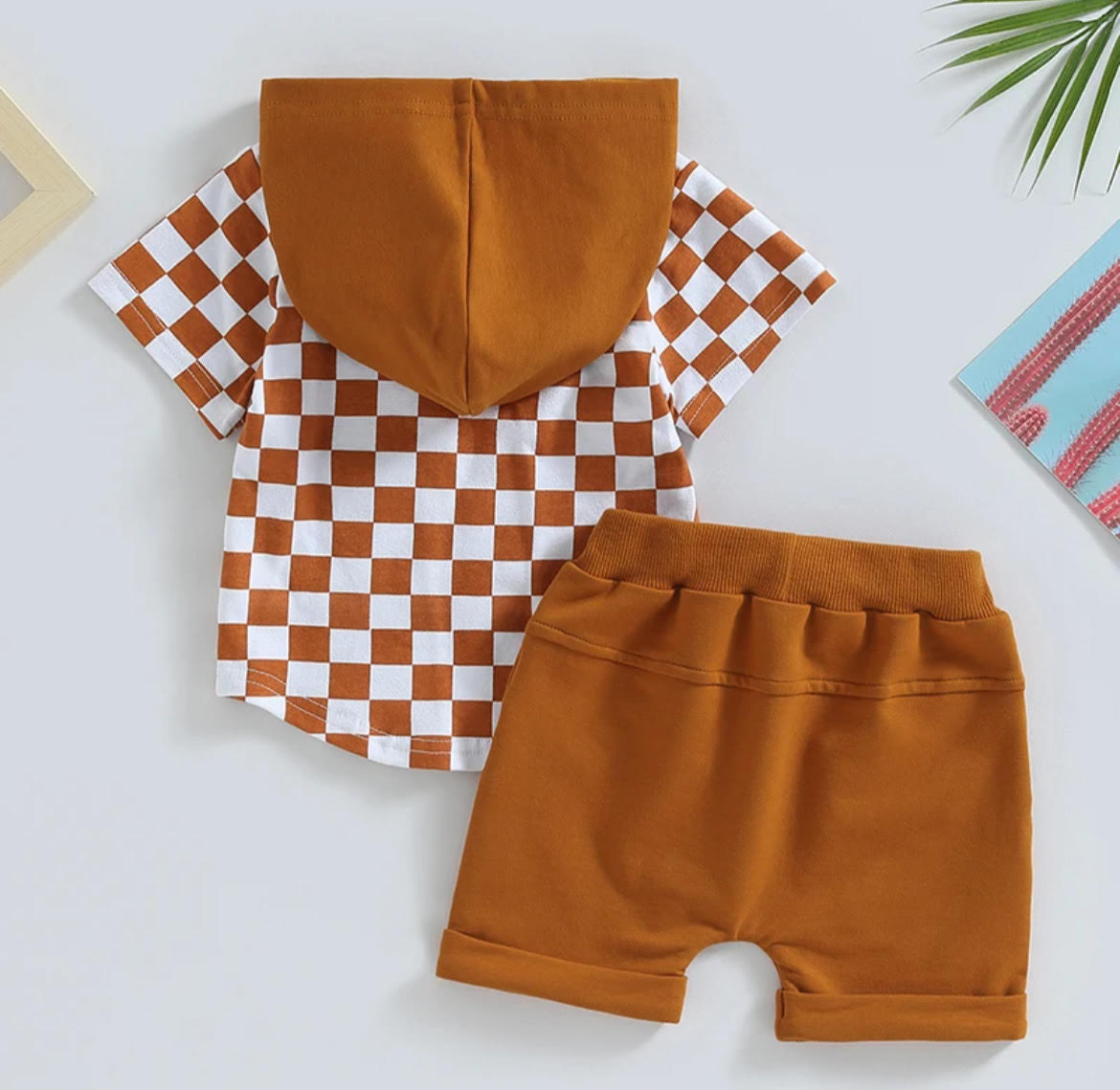 Boys 2 Piece Shorts Sets - Rust Checkered with Rust Pockets