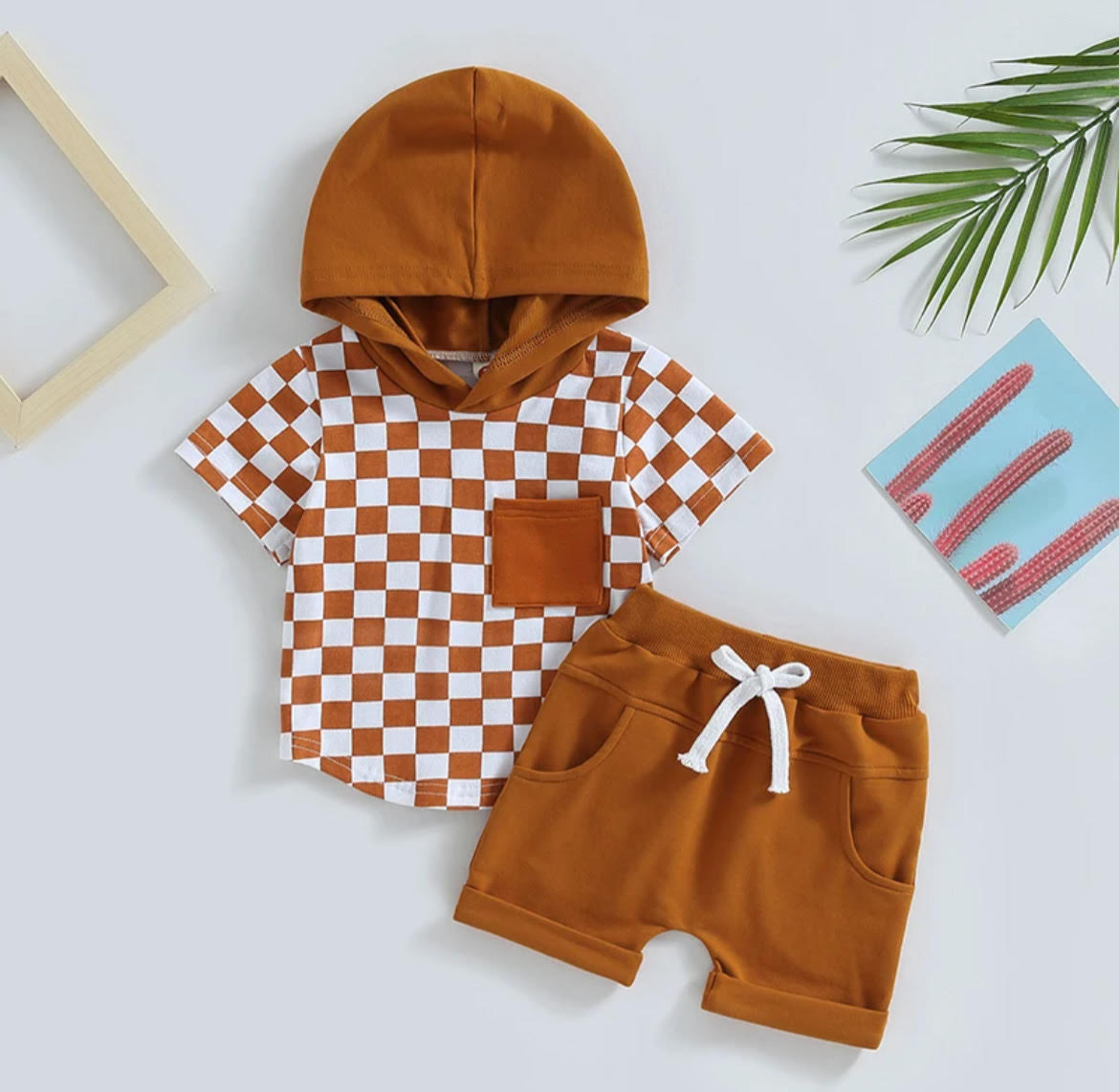 Boys 2 Piece Shorts Sets - Rust Checkered with Rust Pockets