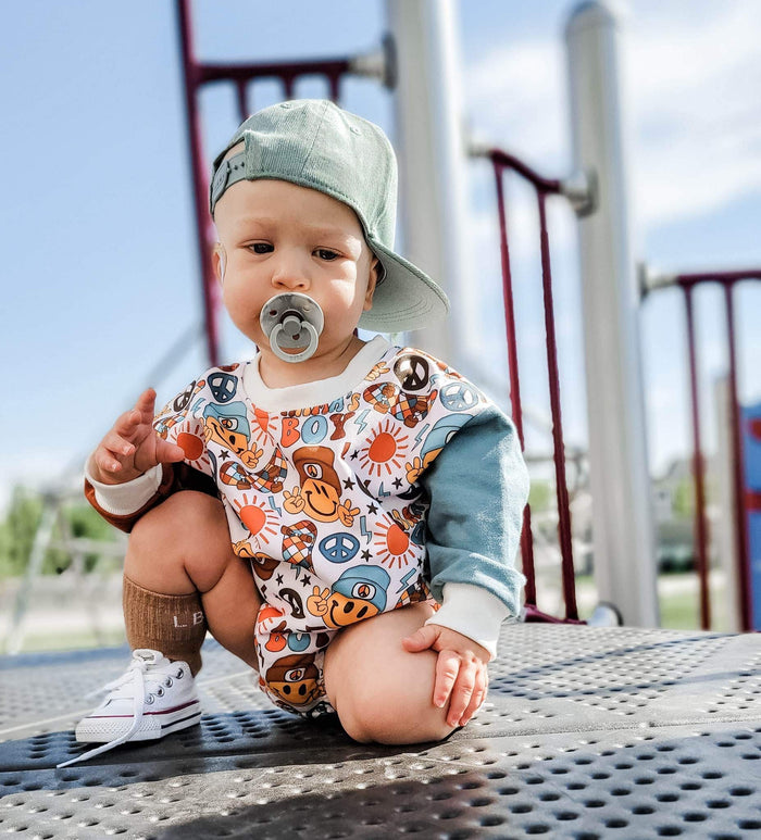 Theo & Me - Retro Peace Signs & Skateboards Sweatshirt Romper