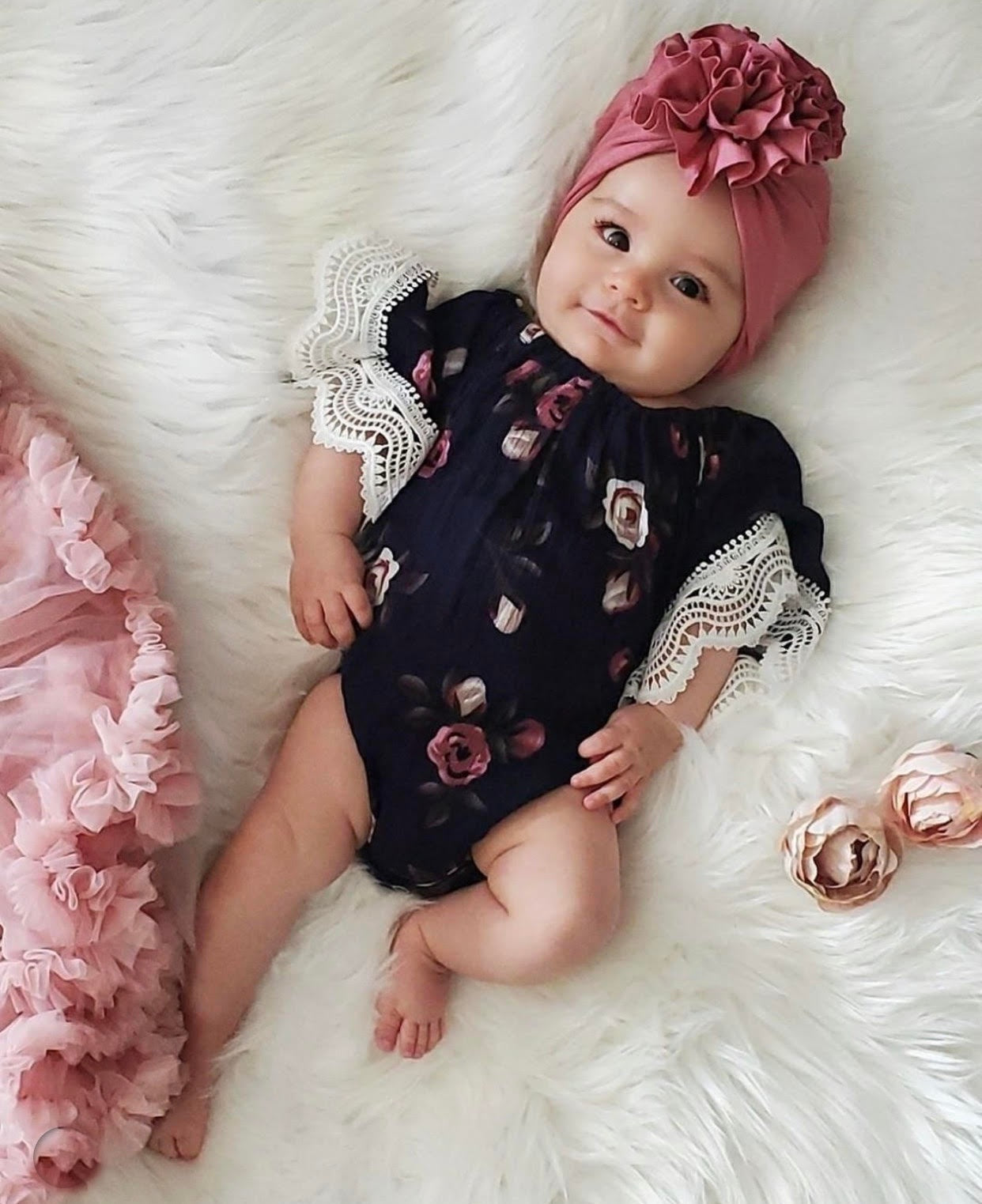 Baby Girls Navy With Pink Rose Floral Flair Romper