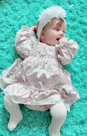 Girls Pink Rose Floral Long Sleeve Skirted Romper