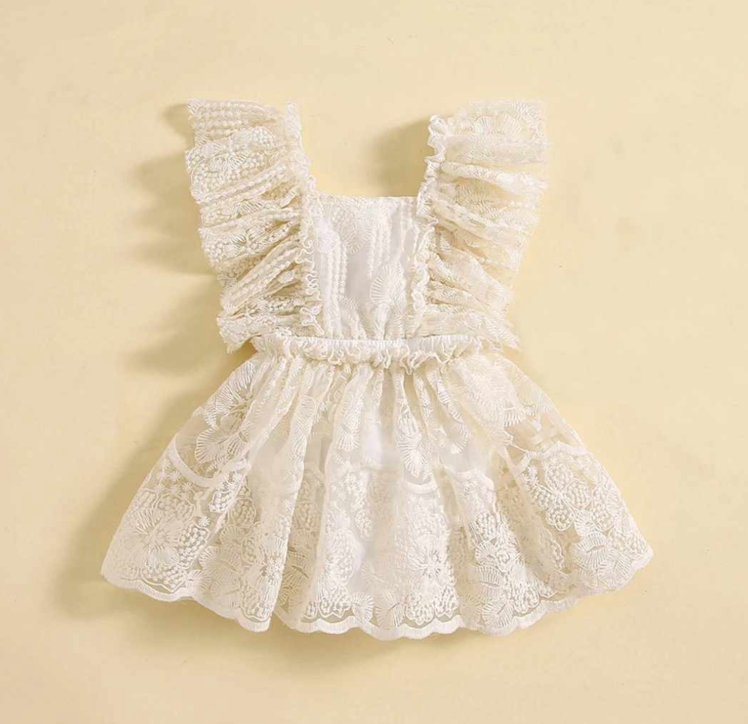 Vintage Ivory Lace Floral Embroidery Ruffle Skirted Romper