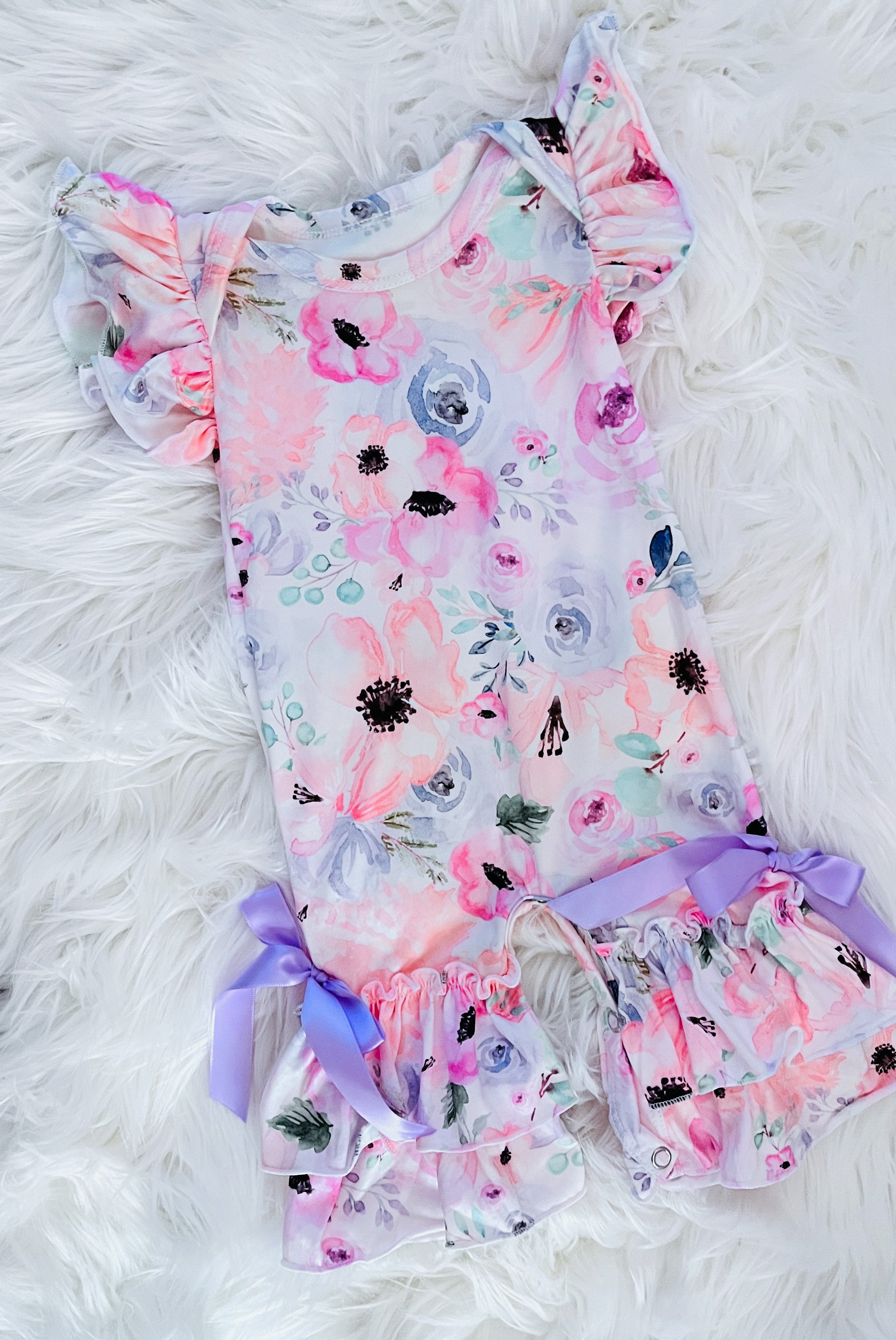 Baby Girls Watercolor Pastel Floral Ruffle Leg Jumpsuit