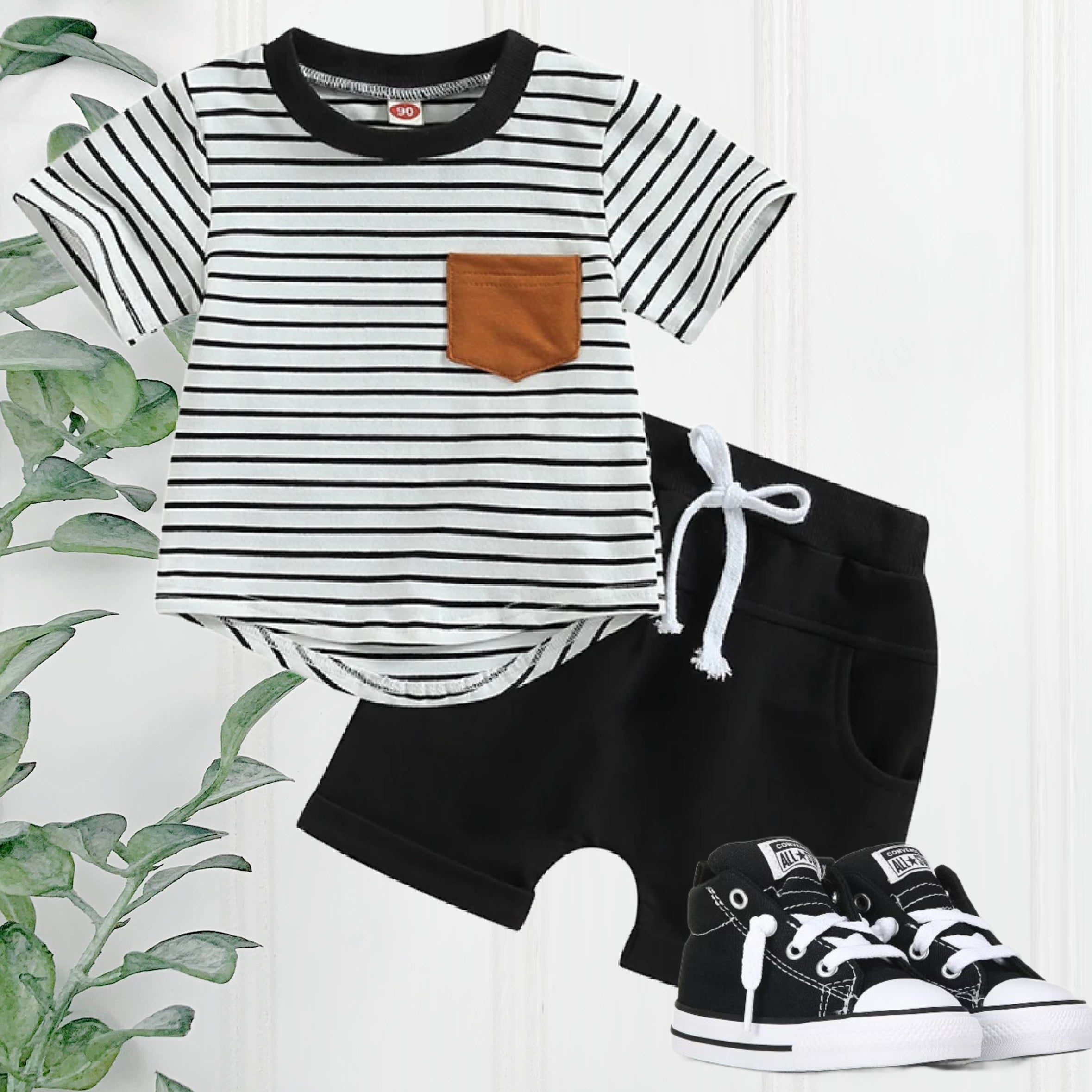 Boys 2 Piece Shorts Sets - White with Black Stripe & Rust Pocket