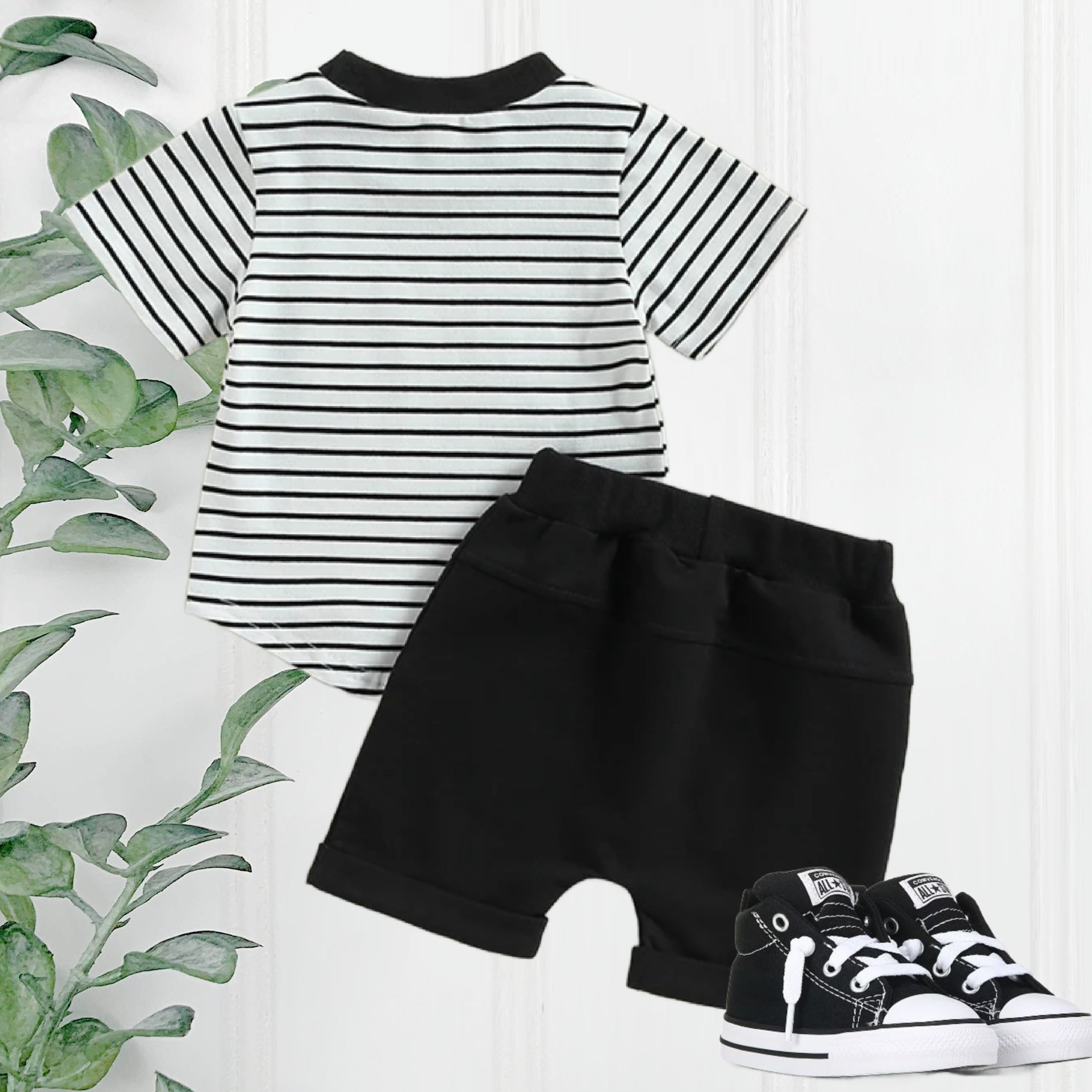 Boys 2 Piece Shorts Sets - White with Black Stripe & Rust Pocket