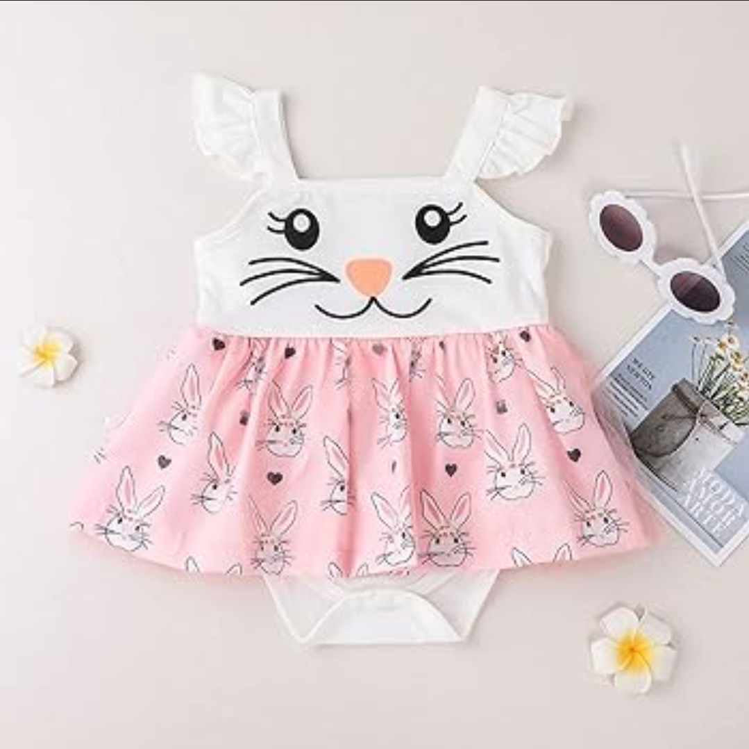 Baby Easter White Bunny with Pink Rabbit Skirted Romper - cute face decal
