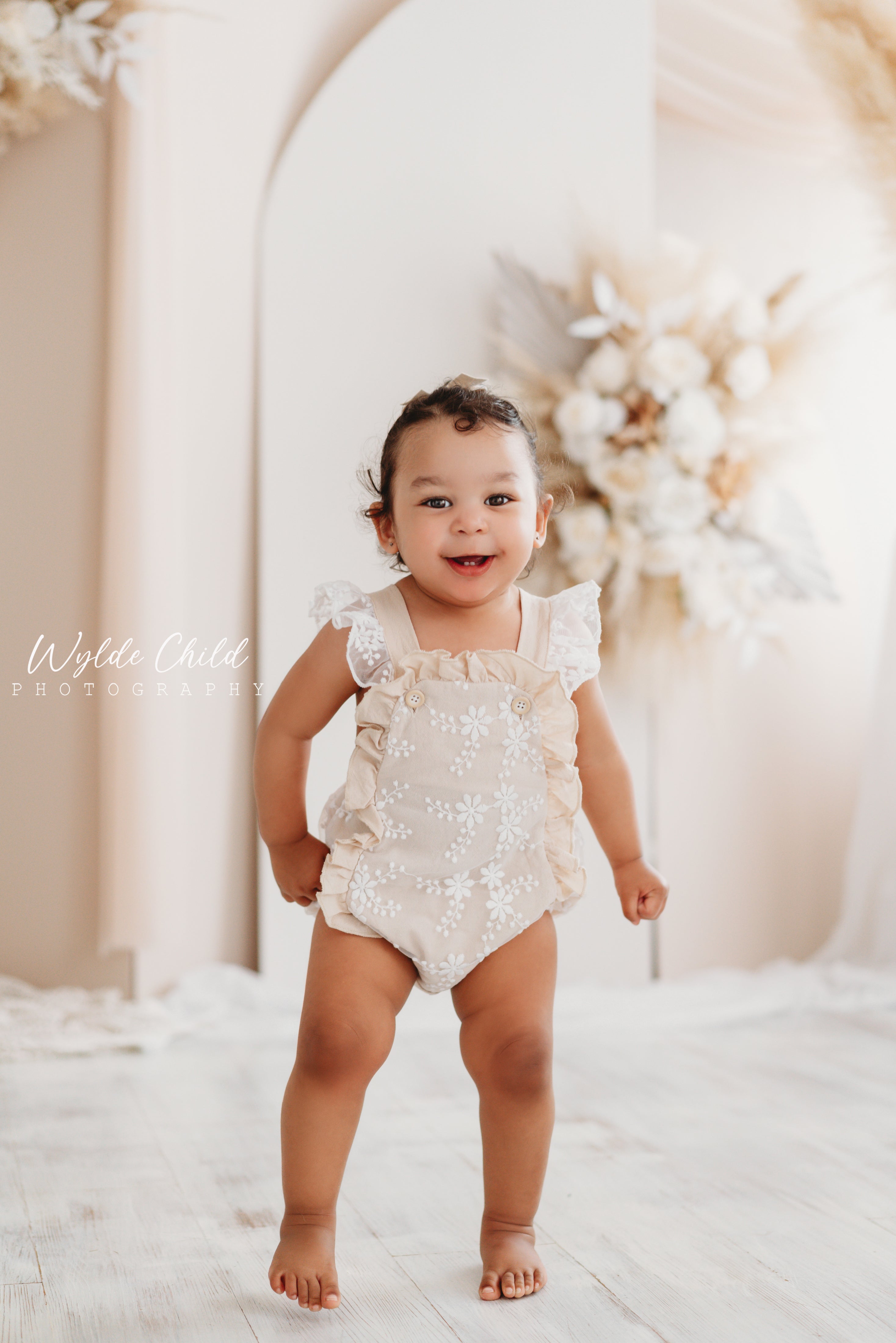 Baby Girl Tan White Flower Lace Romper