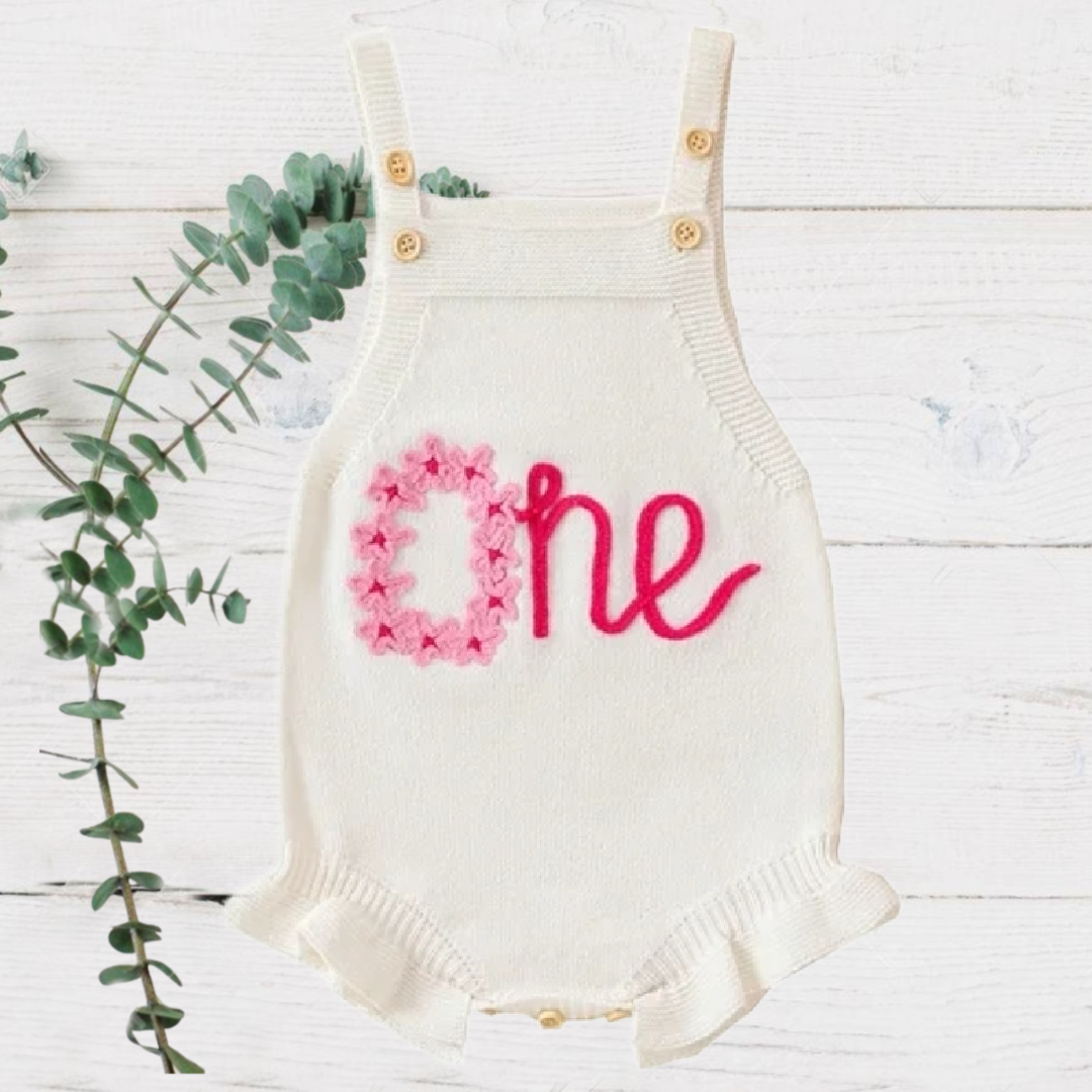 Baby Girls White Knit Romper with Pink One Embroiding