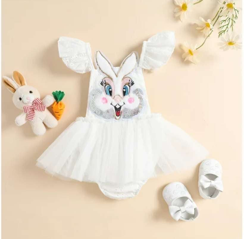 Baby Easter White Rabbit Tutu Skirted Romper