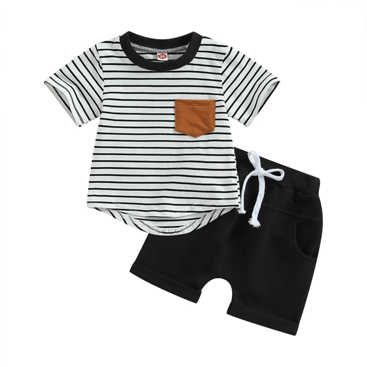 White with Black Stripe & Rust Pocket - black shorts