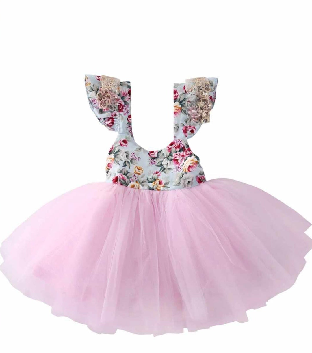 Baby Girls Zoe Aqua Floral with Pink Tulle Skirt Dress