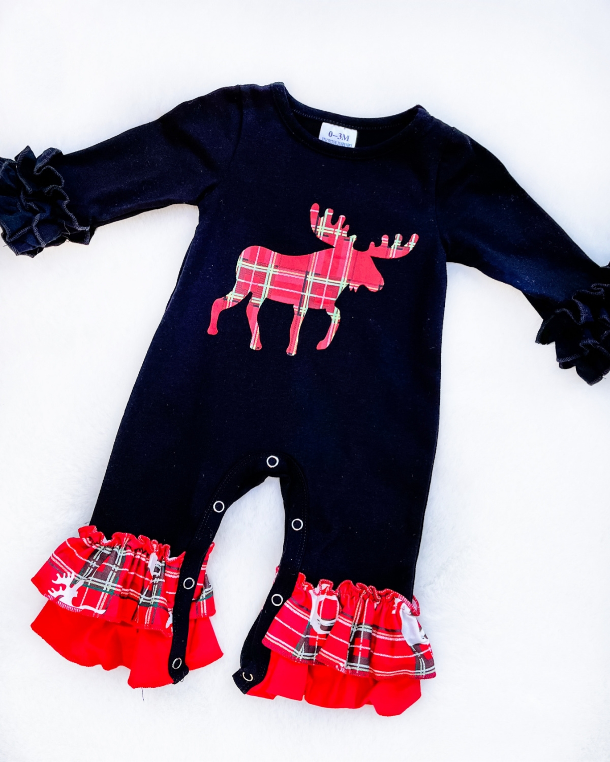 Baby & Toddler Ruffled Romper Jumpsuits - Black Plaid Moose. Red Plaid ruffle feets & black ruffle wrists.