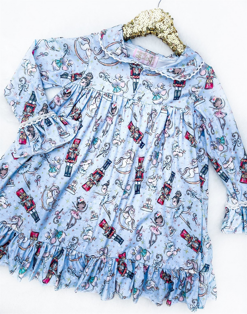 Girls Vintage Christmas Long Sleeved Night Gown - Light Blue Nutcracker Ballet