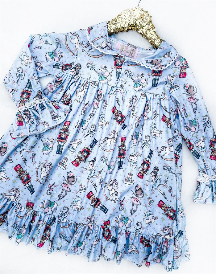 Girls Vintage Christmas Long Sleeved Night Gown - Light Blue Nutcracker Ballet