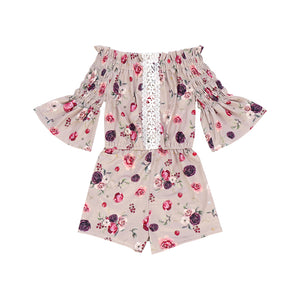 Kryssi Kouture Girls Mocha Rose Lace Off The Shoulder Romper