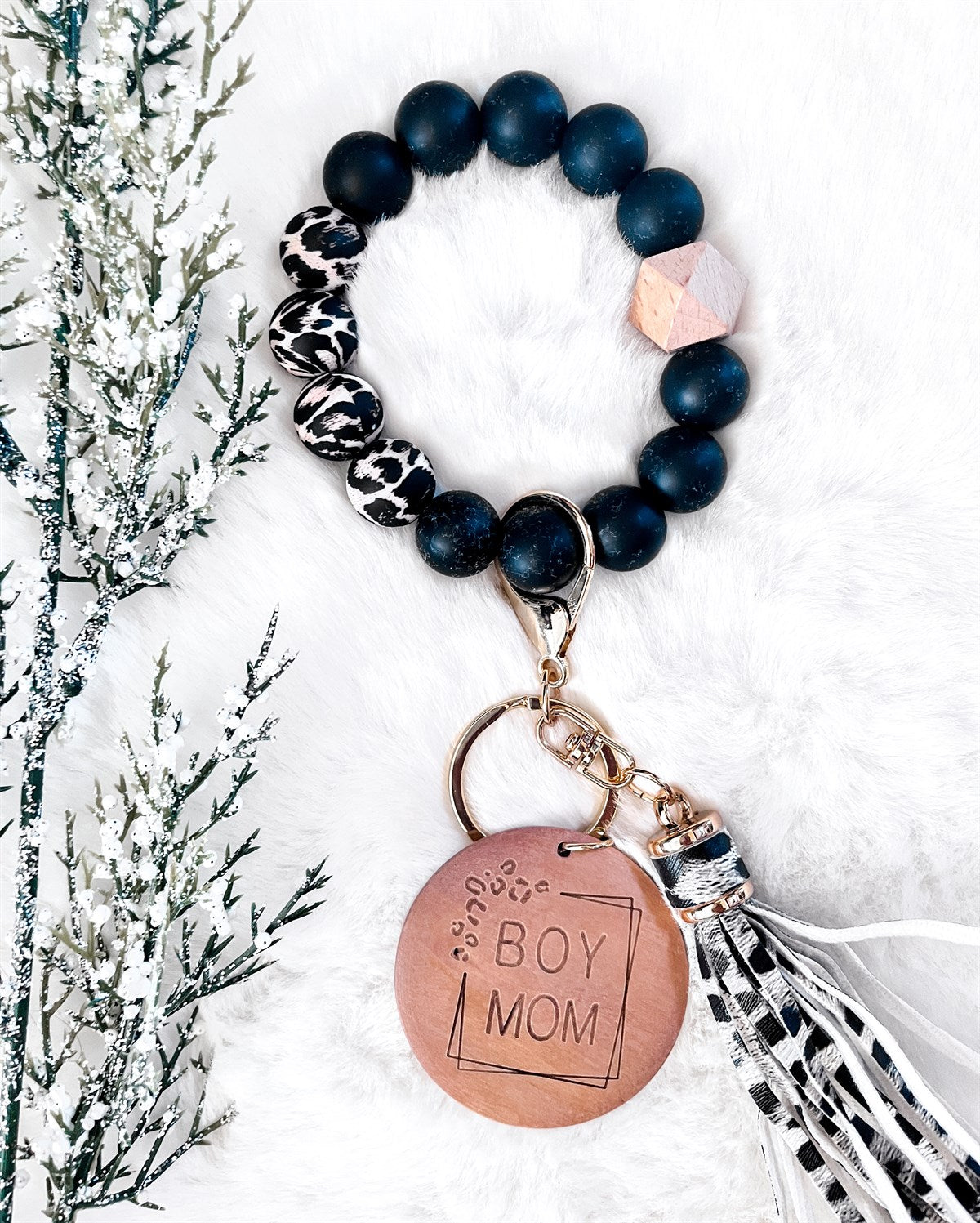 Trending Solid Black & Black Leopard Bracelet Key Chain - Boy Mom