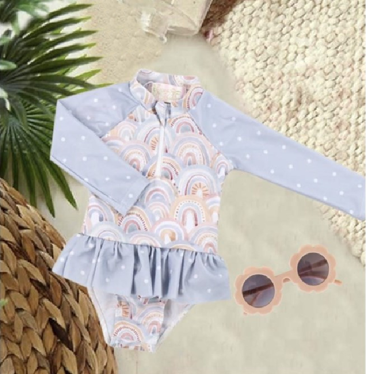 Baby Girls Swimsuits - Pastel Rainbows - 1 Pc Zip Long Sleeve