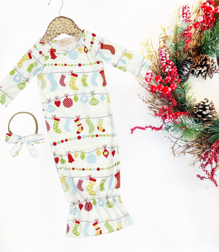 2 Pc Baby Holiday Stockings Sleep Gown with Headband