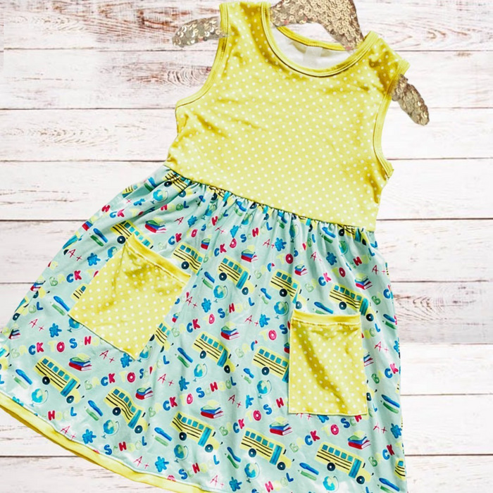 Girls Turquoise Bus - Yellow Polka Pocket Dress
