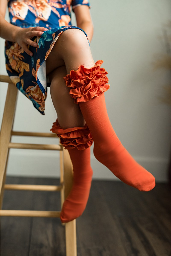 Girls Ruffle Knee Highs - Rust/Orange