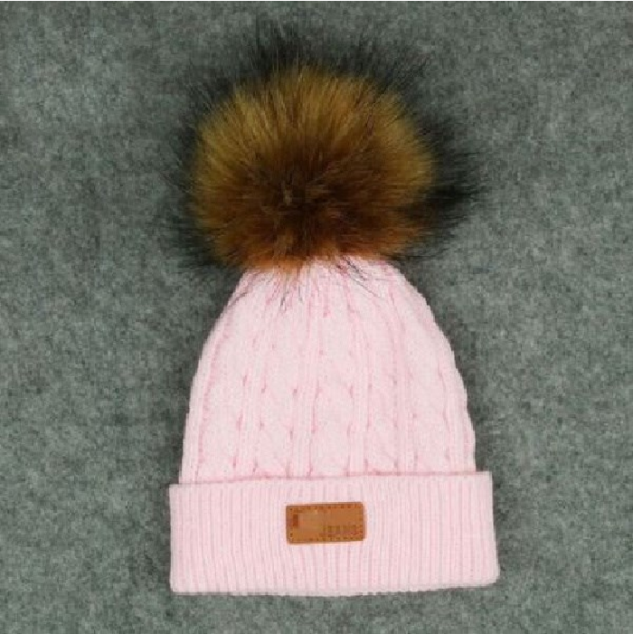 Kids Pink Cable Single Pom Faux Fur Pom Hat - 10